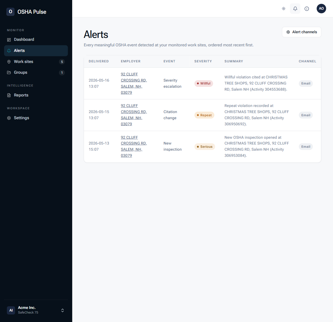 Alerts feed — demo data showing severity-flagged alerts.